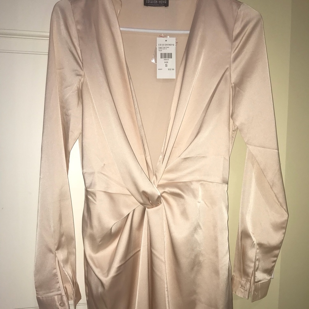 Satin baby pink deep V cut, mini dress